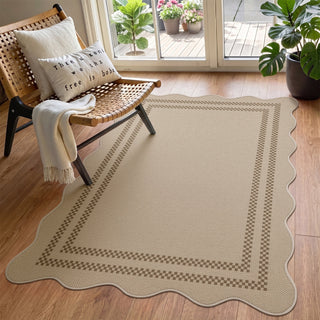 2x6/3x5/5x7 Scalloped Easy Jute Area Rugs, Tan/Checkered Washable Hallway Runner Non Slip Carpet, Oeko-Tex Certified
