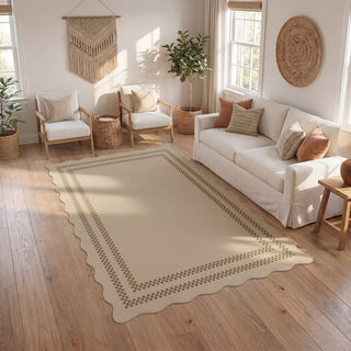 2x6/3x5/5x7 Scalloped Easy Jute Area Rugs, Tan/Checkered Washable Hallway Runner Non Slip Carpet, Oeko-Tex Certified