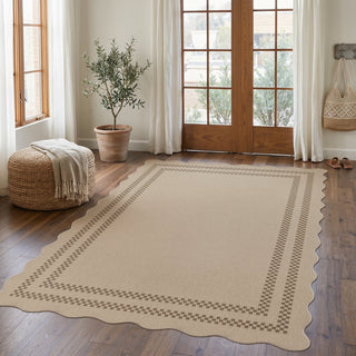 2x6/3x5/5x7 Scalloped Easy Jute Area Rugs, Tan/Checkered Washable Hallway Runner Non Slip Carpet, Oeko-Tex Certified