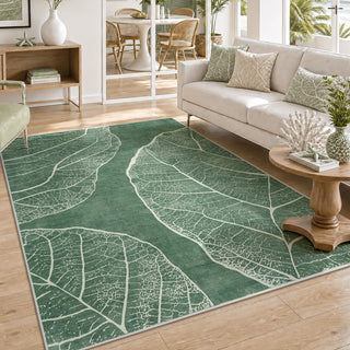 5x7 Boho Leaf Print Area Rugs, Modern Washable Non-Slip Low Pile Indoor Carpet for Living Room, Oeko-Tex Certified