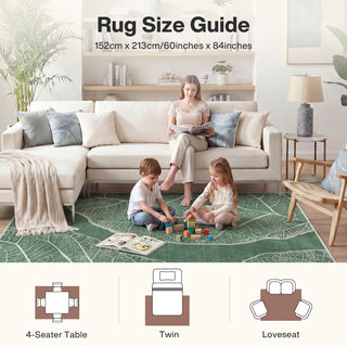 5x7 Boho Leaf Print Area Rugs, Modern Washable Non-Slip Low Pile Indoor Carpet for Living Room, Oeko-Tex Certified