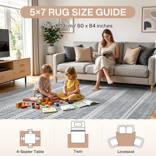 3x5/5x7 Ultra Thin Washable Area Rugs, Modern Non-Slip Striped Farmhouse Soft Indoor Carpet for Bedside Living Room, Oeko-Tex Certified