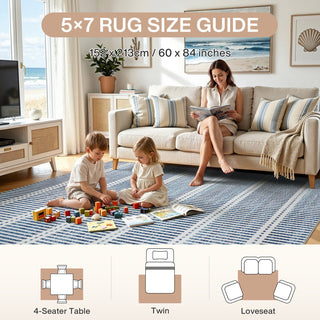 3x5/5x7 Ultra Thin Washable Area Rugs, Modern Non-Slip Striped Farmhouse Soft Indoor Carpet for Bedside Living Room, Oeko-Tex Certified